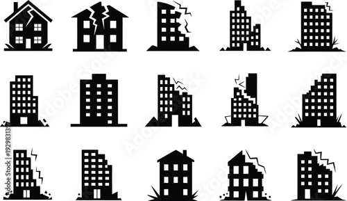 Collection of various damaged building silhouettes in different styles