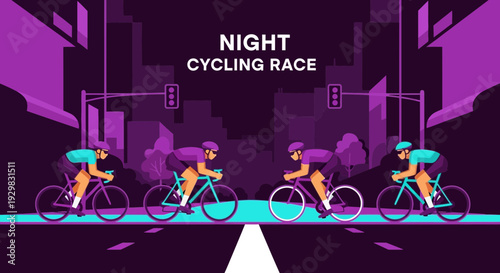 Cyclists Racing At Night During City Bicycle Competition Illustration