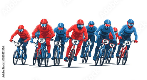 Cyclists Racing During A BMX Competition Illustrated With Vivid Colors On White Backdrop