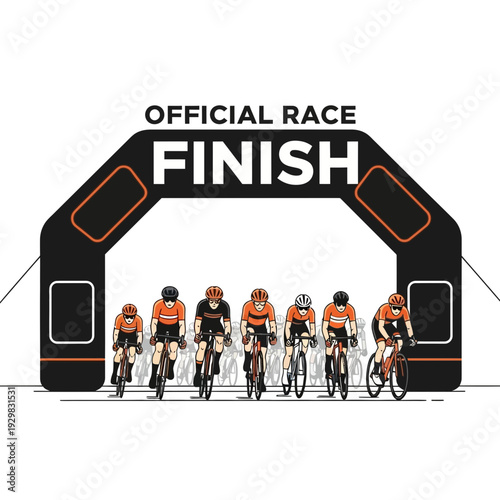 Cyclists Racing Toward The Finish Line Underneath The Official Race Archway in Competition
