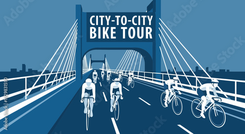 Cyclists Riding Across A Bridge Representing City-To-City Bike Tour Challenge