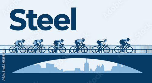 Cyclists Riding Across a Bridge With Blue Tones Depicting a Vibrant Sporting Scene