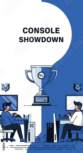 Depicting A Competitive Console Gaming Showdown Featuring Two Rival Gamers and A Trophy