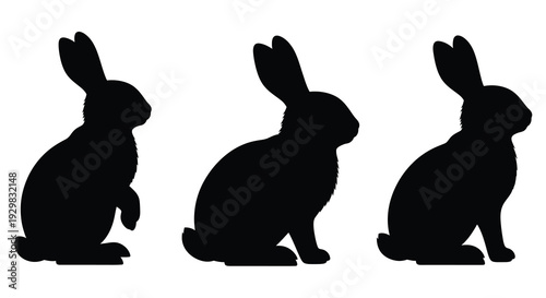 Three black rabbit silhouettes are depicted in varying poses against a plain white background showcasing simple forms silhouette