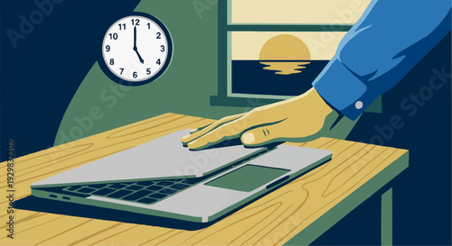 Hand closing laptop at 5 PM representing work life boundaries and corporate wellness.