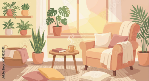 Cozy mindfulness corner with armchair and herbal tea for mental pause vector illustration.
