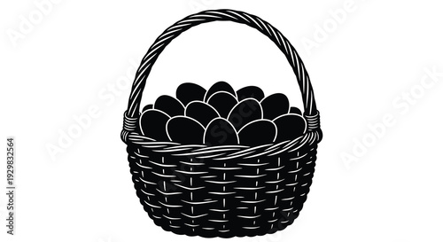 A detailed black and white illustration depicts a woven basket overflowing with numerous eggs presented as a silhouette