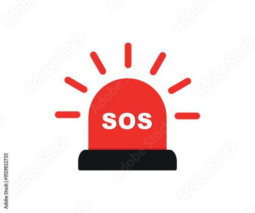 Red flasher siren with text SOS vector icon. Alert flashing light in a flat style. Simple helpline emergency sos sign. Vector illustration