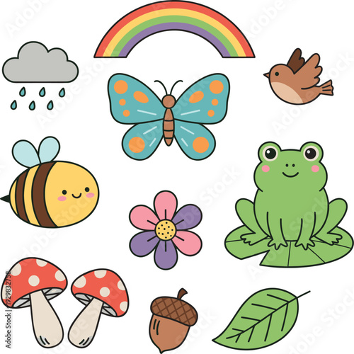 Cute animals and nature elements, including a frog, butterfly, bee, bird, mushroom, and rainbow, on a white background