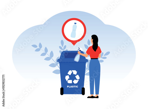 Sorting garbage by material and type in trash can. People collecting plastic trash into recycling garbage bin. Plastic pollution problem concept. Separation of waste on garbage cans for recycling