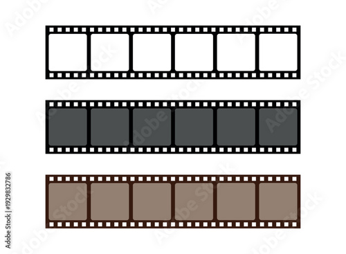 Collection of blank cinema film strip frames. Grunge film strips collection. Empty retro filmstrip design elements. Photography and cinematography. Photographic film in retro style