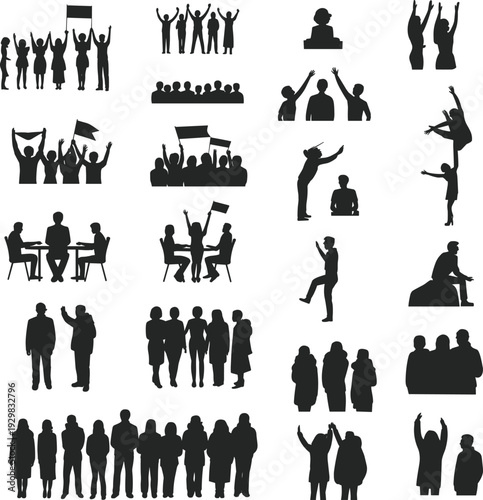 Large collection of diverse people silhouettes in various poses, including crowds, protesters, business meetings, and social gatherings, cad drawing flat vector illustration.
