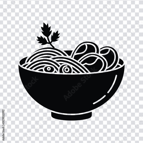 Black and white illustration of a bowl of noodles with a leaf on top