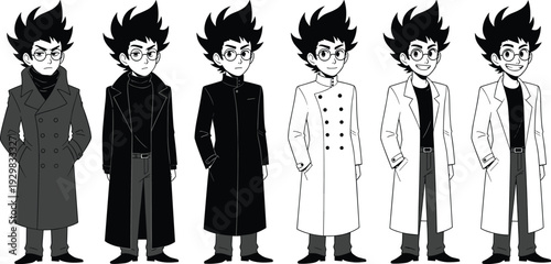 Anime boy character design sheet with multiple outfits, male manga protagonist wearing trench coats and glasses, concept art for animation storytelling and creative comic branding.