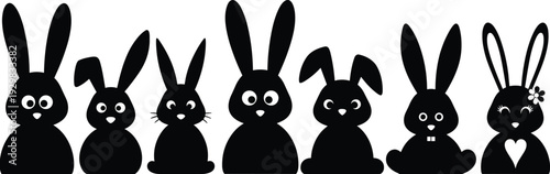 Adorable bunny rabbit character silhouette vector set, cute long eared easter bunny icons with big eyes for nursery children branding and holiday sticker design.