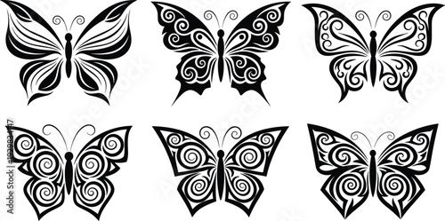 Ornate butterfly silhouette vector illustration set, black decorative insect icons with swirl wing patterns, elegant tribal nature graphics for tattoo design and creative artistic branding.