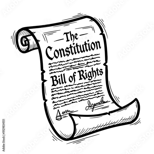Constitution Bill of Rights document on rolled parchment paper  in a sketchy doodle style