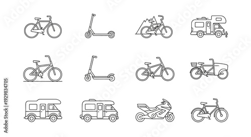 Collection of Various Vehicles and Bikes Illustrations.