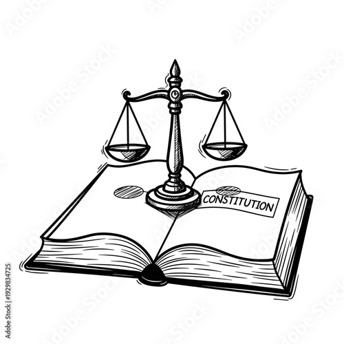 Scales of justice balanced on open book with Constitution text  in sketchy doodle style