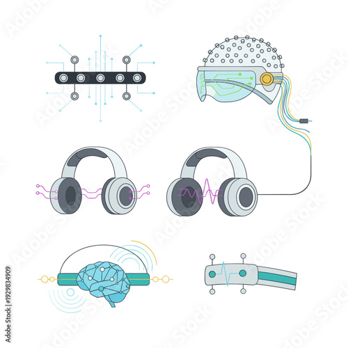 Neuroscience and artificial intelligence technology devices, showing brain computer interfaces, EEG headset, smart headphones, and neural activity
