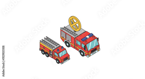 Two Isometric Fire Trucks with Ladders and Equipment on a White Background.