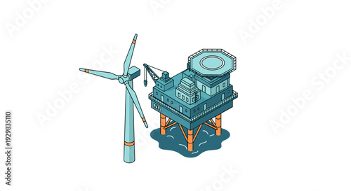 Wind Turbine and Offshore Oil Rig Side by Side.
