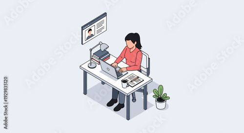 Woman working remotely at her desk with a laptop and external monitor.