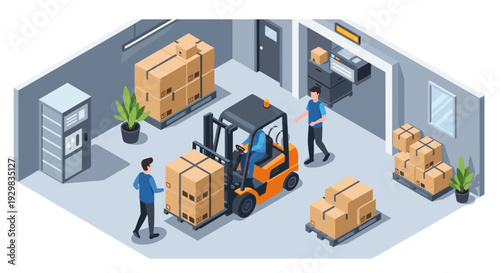 Forklift operator moving boxes in a warehouse with other workers.