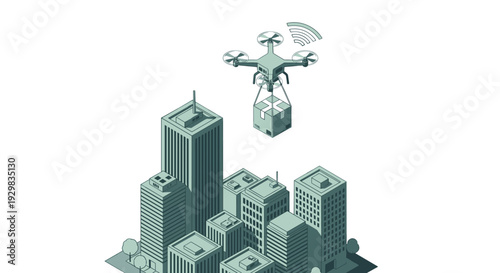 Drone delivering package over a modern city skyline.