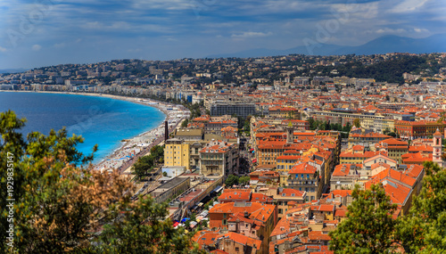 Aerial views with the Promenade des Anglais and Cours Saleya market, Nice France