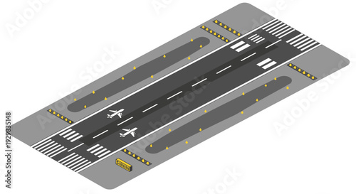 Isometric Airport Runway with Airplanes and Markings.