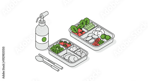 Healthy Packed Lunch Boxes with Fresh Food and Drink Bottle.