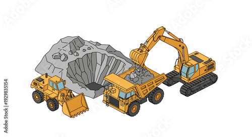 Heavy machinery at a construction site with an excavator, dump truck, and bulldozer moving earth.