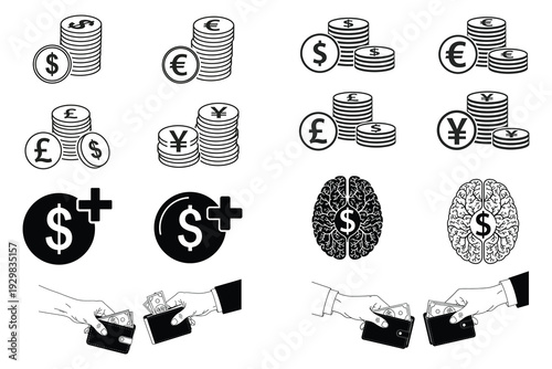 Financial symbols and currency icons in a pixelated style