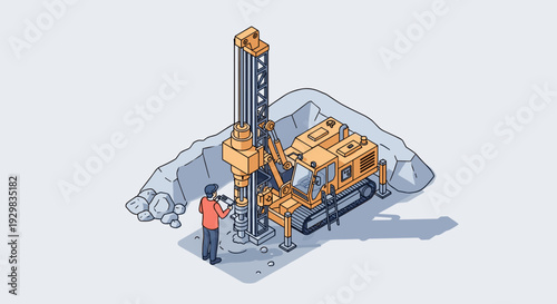 Isometric illustration of a drilling rig with a worker on a construction site.
