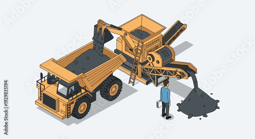Isometric illustration of a mining operation with heavy machinery and a worker.