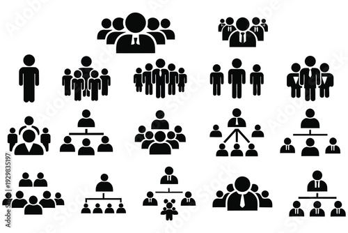 Collection of black silhouette icons representing various group and team concepts