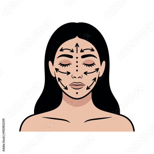 A woman with arrows on her face indicating makeup application areas and techniques.
