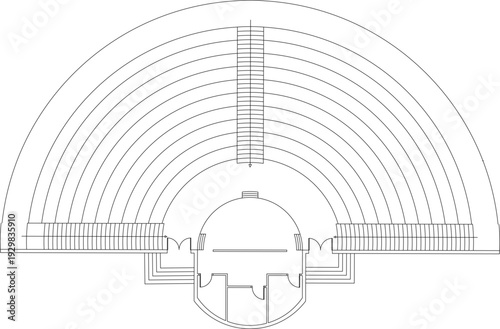 Obraz na płótnie Architectural amphitheater plans, modern geometric elevations, mosque facades, resort master plans, public hall layouts, and tiered roof structures