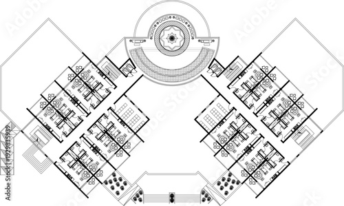 Resort master plans, modern mosque elevations, public hall layouts, vernacular tiered facades, curved residential plans, and detailed building sections.