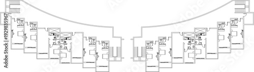 Architectural curved residential plans, fortress layouts, castle silhouettes, high-rise elevations, dining sections, master plans, and fitness symbols.