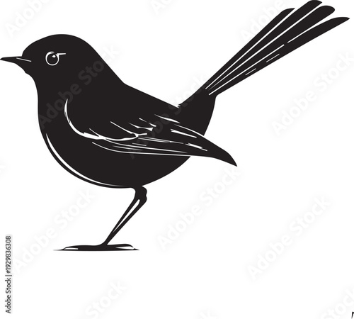 Slender whipbird perched singing sharply through leafy forest silhouette.