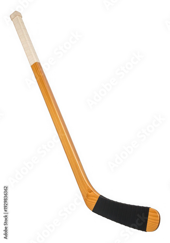 A classic wooden ice hockey stick with black blade and light brown handle