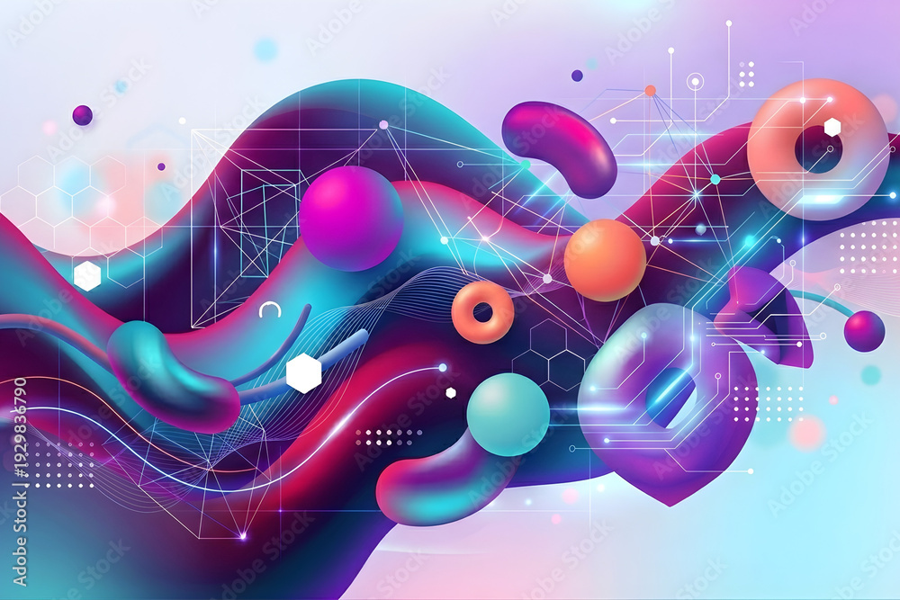 Fototapeta premium Vibrant 3D abstract background with colorful fluid shapes, neon spheres, and digital tech elements