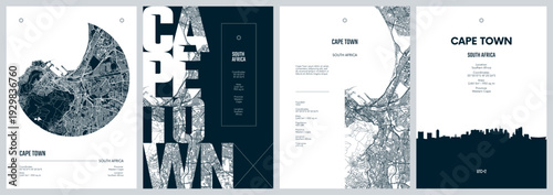 Set of travel posters design with street plan Cape Town is the legislative capital of South Africa, Silhouette city skyline, vector artwork, Monochrome printable detailed urban city map