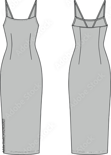 Technical fashion flat sketch of fitted sleeveless midi dress with spaghetti straps, scoop neckline, princess seams, back strap detail, garment construction illustration for apparel design
