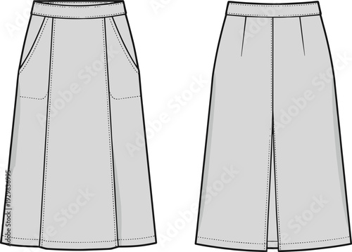 Technical fashion illustration of two skirt designs with flared silhouette, patch pockets, pleats, center slit, structured waistband, garment construction drawing for apparel pattern making reference