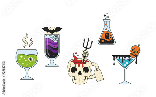 Set of fun Halloween themed cocktails and drinks with spooky elements, ideal for parties and seasonal marketing