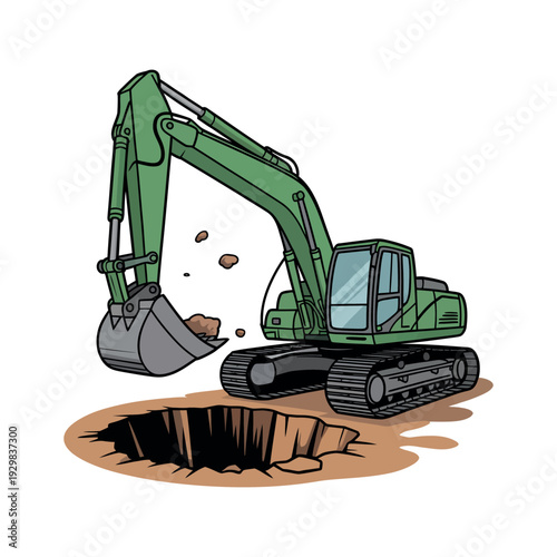 A green excavator digging a deep hole in the ground with its large metal bucket