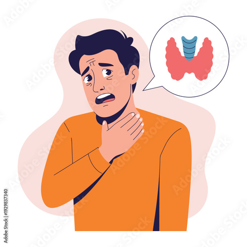 A man clutching his neck in pain with a thought bubble showing a thyroid gland
